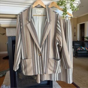 Vintage 70s Wool Blend Mod Stripe Brown Tan Blazer Skirt Set Work Wear Size 16